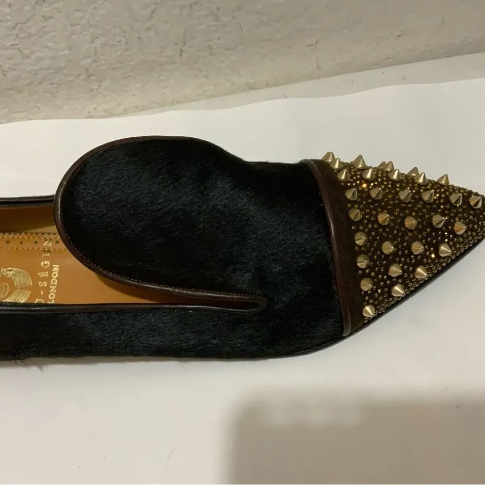 New Jesu  Segun Pointy Toe Studded calf hair  Loafers Dress Shoes  luxury Italy